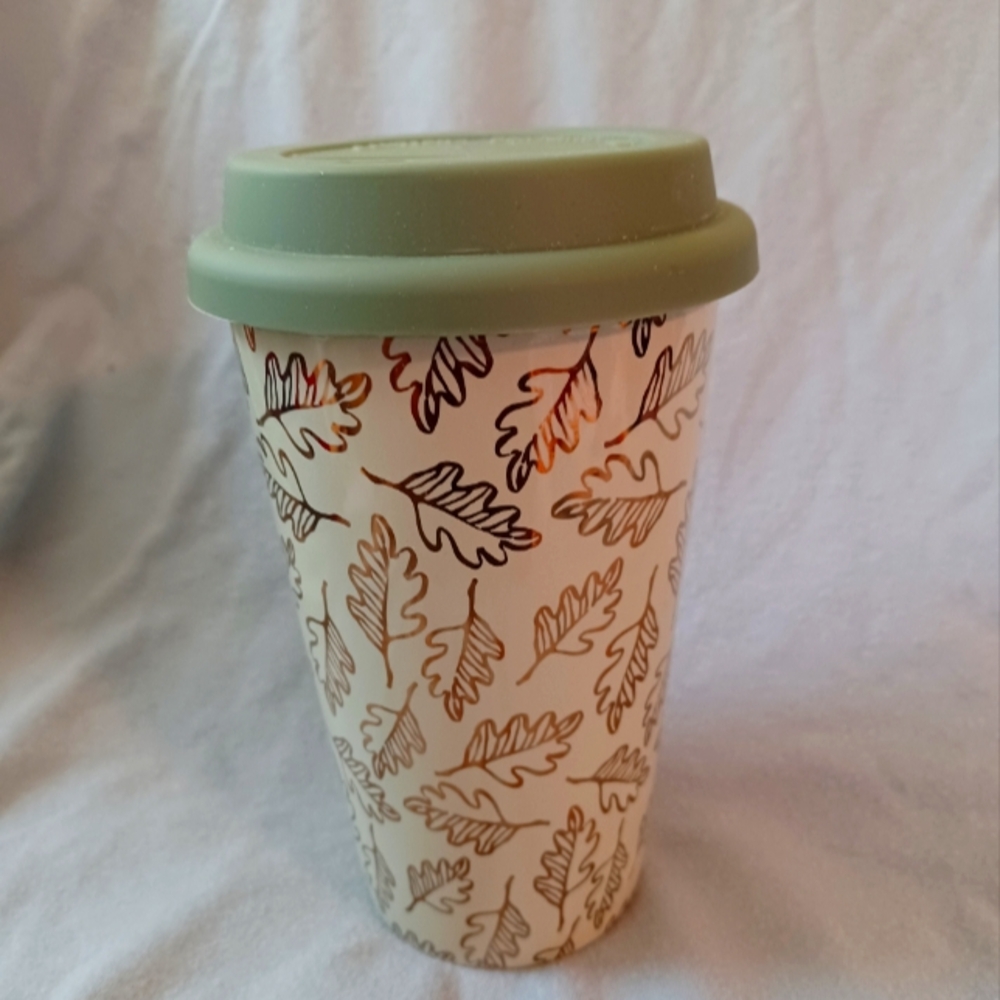 Kennex Ceramic Travel Tumbler 14 oz Sage Green With Gold Tone Leaves (072324C)